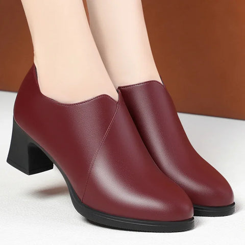 5.5cm Comfortable Deep Mouth Soft Leather Shoes Women's Pumps 2025 Spring Black Block Heels Shoes for Office Mom Dance Model