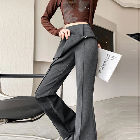 Gray Irregular High Waist Fake Two Pcs Flare Suit Pants Loose New Trousers Women Fashion Tide Spring Autumn 2025