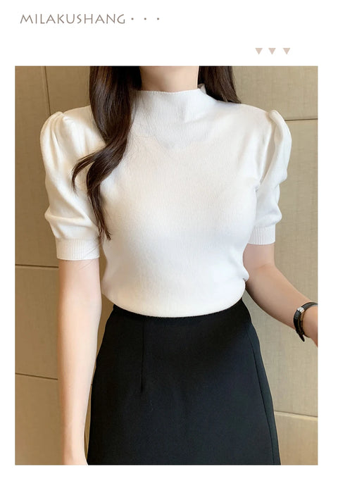 Short Sleeved Shirt Women's Summer Vest 2025 Spring Tank Knitwear Half Turtleneck Bottoming Sweater Thin Knit Shirt 18848