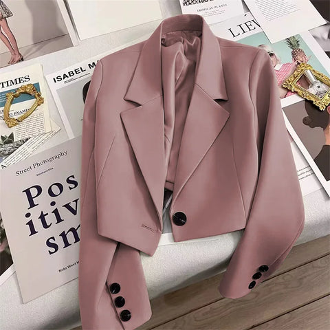 Korean Cropped Blazers Women Autumn Solid Color Simple Single-button Outwear Teens All-match Long Sleeve Office Lady Suit Jacket