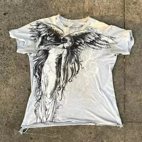 T Shirt Mens New Affliction Harajuku Y2K Hip Hop Water Washed Retro Round Neck Oversized T shirt long sleeve Gothic Couple Tops
