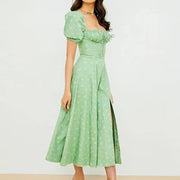 New Women Floral Dress Summer PuffSleeve Square Neck Tie Front High SplitDress Ruched Drawstring Chic DressesPrint Long