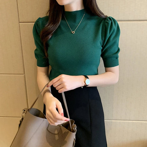 Short Sleeved Shirt Women's Summer Vest 2025 Spring Tank Knitwear Half Turtleneck Bottoming Sweater Thin Knit Shirt 18848