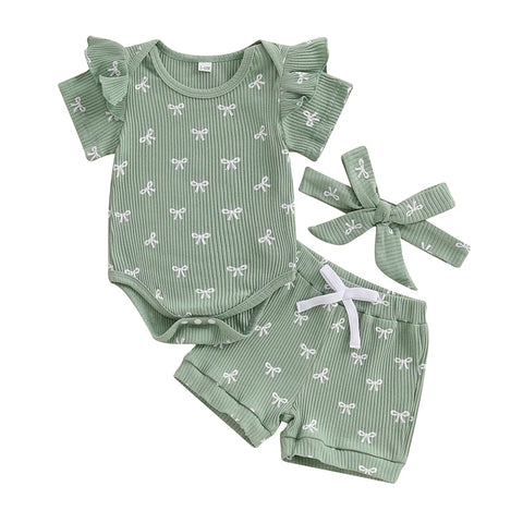 3pcs Newest Summer Toddler Infant Baby Girl Cotton Casual Outfits Set Bow Print Bodysuit+Shorts+Headband Cute Baby Clothes